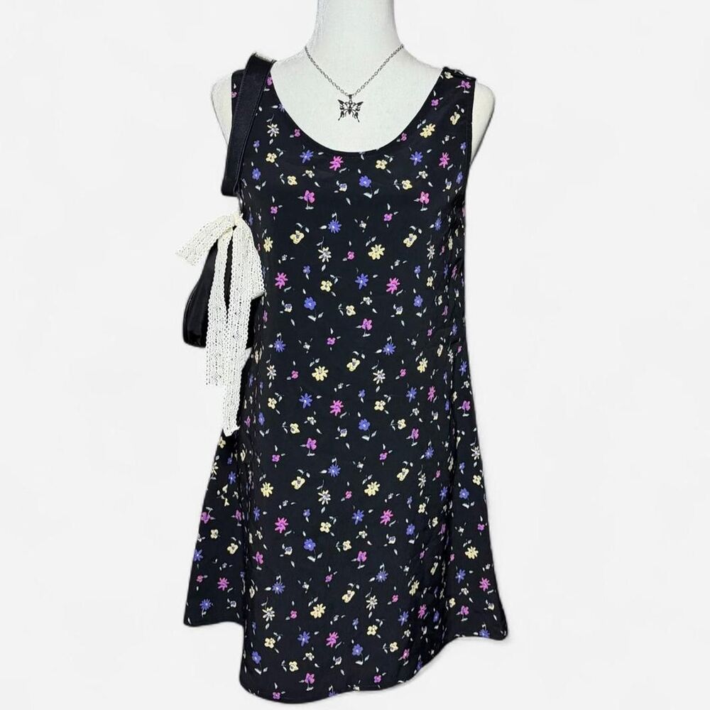 Vintage 90s Black Ditsy Floral Mini Slip Dress